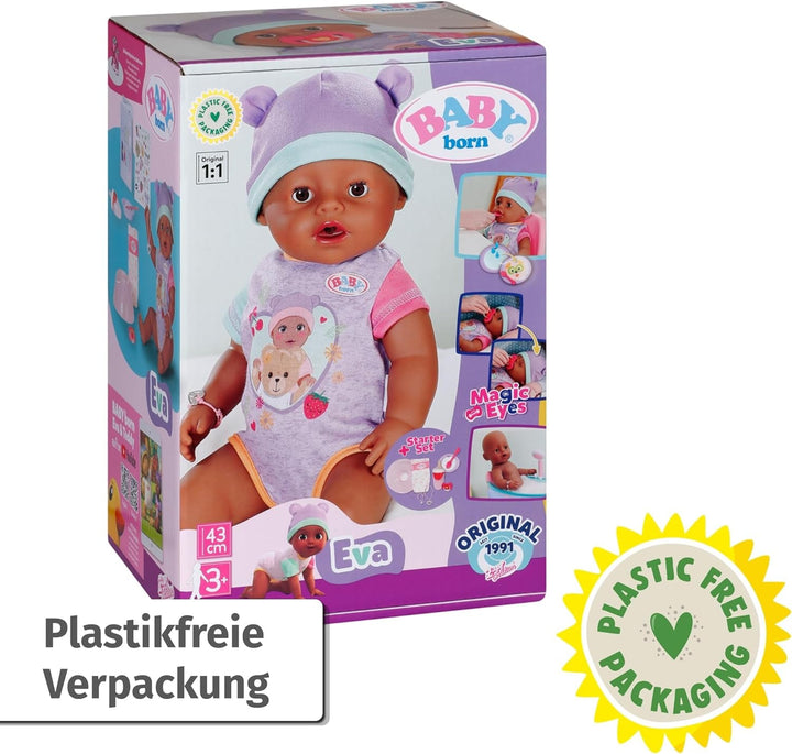 BABY Born Eva 43Cm, păpușă cu 10 funcții și accesorii, pentru copii de la 3 ani, funcționează fără baterie, păpușă mare 43Cm, 836408 Zapf Creation
