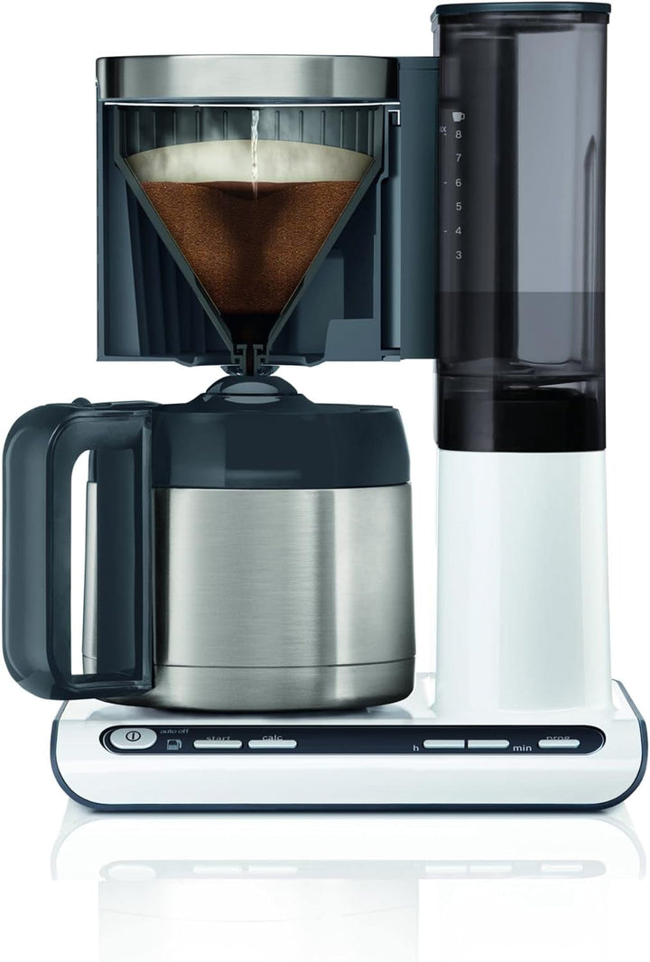 Bosch filtru de cafea Styline TKA8A681, senzor de aromă, cană termo din oțel inoxidabil 1,1 L, pentru 8-12 cești, oprire automată, sistem de detartrare, opritor de picurare, rezervor de apă detașabil (1 L), 1100 W, alb