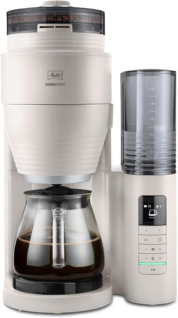 Melitta Aromafresh Pro X - Cafetieră cu râșniță, filtru de cafea cu ulcior din sticlă și rezervor de apă detașabil, pentru până la 10 cești de cafea, gri cald