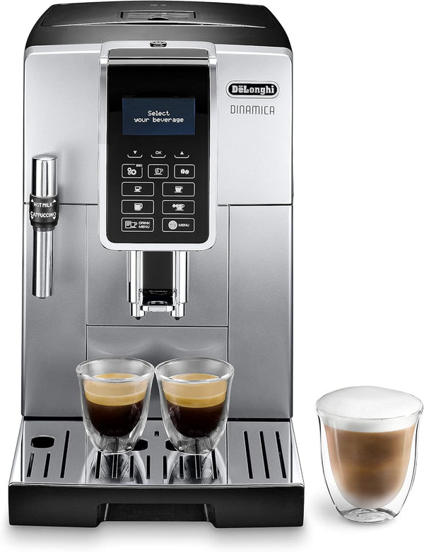 De'Longhi Dinamica ECAM 350.35.SB mașină de cafea complet automată cu spumă de lapte profesională pentru cappuccino, espresso, cafea și cafea lungă Butoane de selecție directă, afișaj digital cu text simplu, funcție pentru 2 cești, argintiu