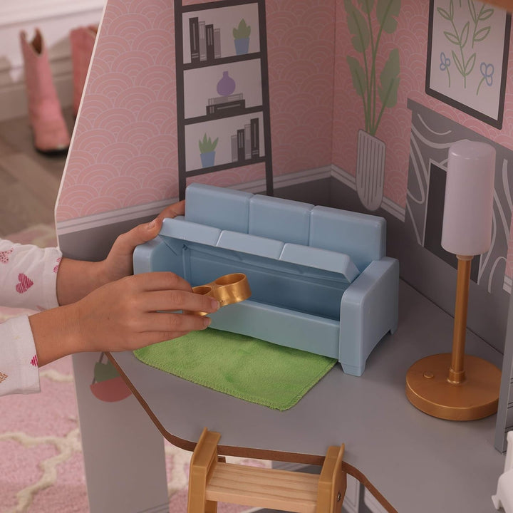 Casă de păpuși Kidkraft Alina din lemn cu mobilier și accesorii pentru păpuși înalte de 30 cm, set de joacă cu 3 etaje, cu câine și scări mobile, jucărie pentru copii de la 3 ani, 10229