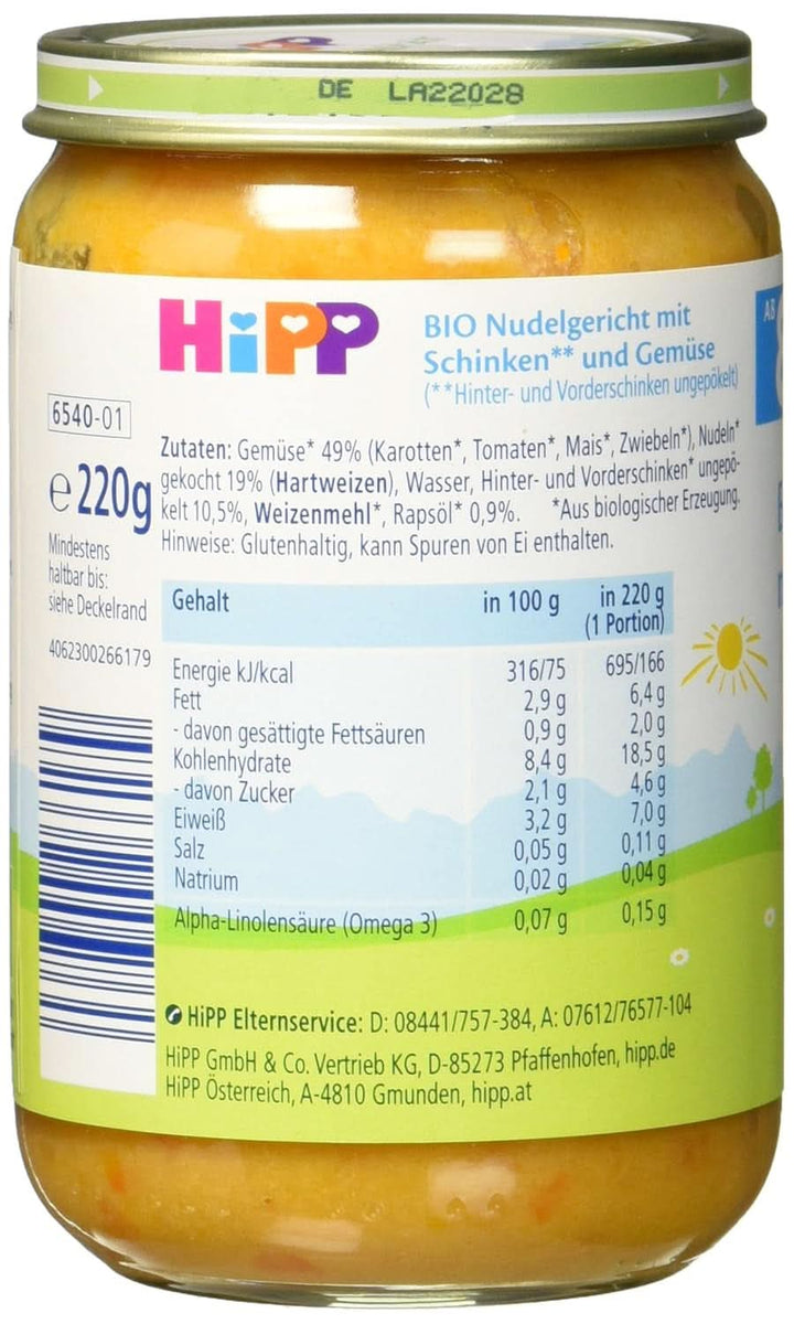 Tăiței Hipp bio cu șuncă și legume, pachet de 6 (6 X 220 grame)