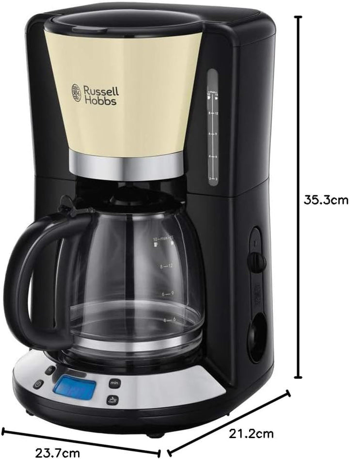 Cafetiera Russell Hobbs [cronometru digital, cap efervescent pentru extracție și aromă optime] Colours+ Cream (Max 10 cești, ulcior de sticlă de 1,25L, plită, 1100W) Filtru de cafea 24033-56