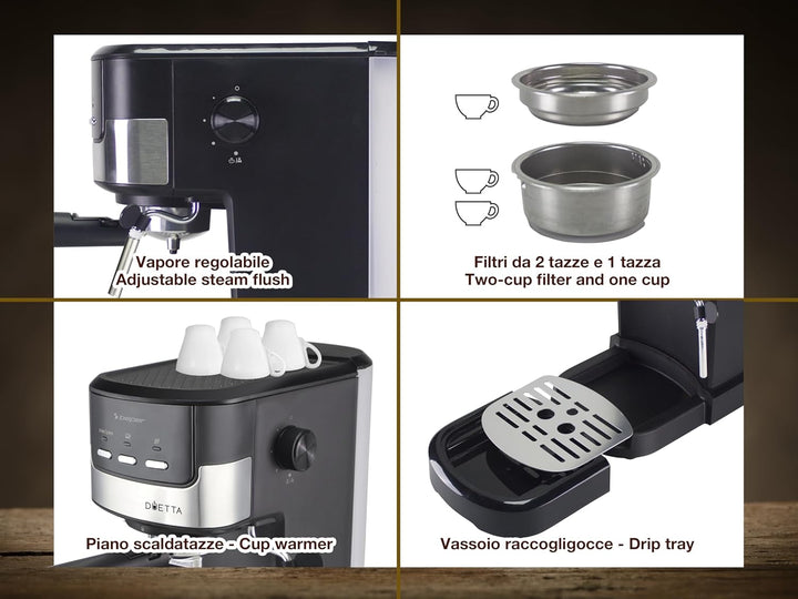 Beper P101CAF100 Duetta Espresso Coffee Maker, 1100W, compatibil cu poduri și cafea pudră, cafetieră cu braț dublu, 15 bar, încălzitor de cești, cupă de măsurare și presă incluse, negru