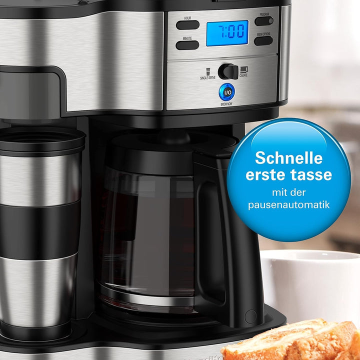 Hamilton Beach aparat de cafea cu sistem dublu de preparare, cu cană de călătorie, până la 12 cești de cafea, filtru programabil, aparat de cafea complet automat, 1,8 litri, negru (49980A-CE)