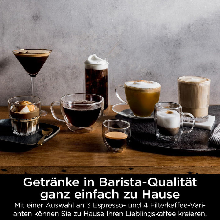 Cafetieră Ninja Luxe Premier 3 în 1 cu râșniță și spumator pentru latte, cappuccino, Cold Brew și espresso, ușor de utilizat, 4 presetări de spumare, argintiu, ES601EU