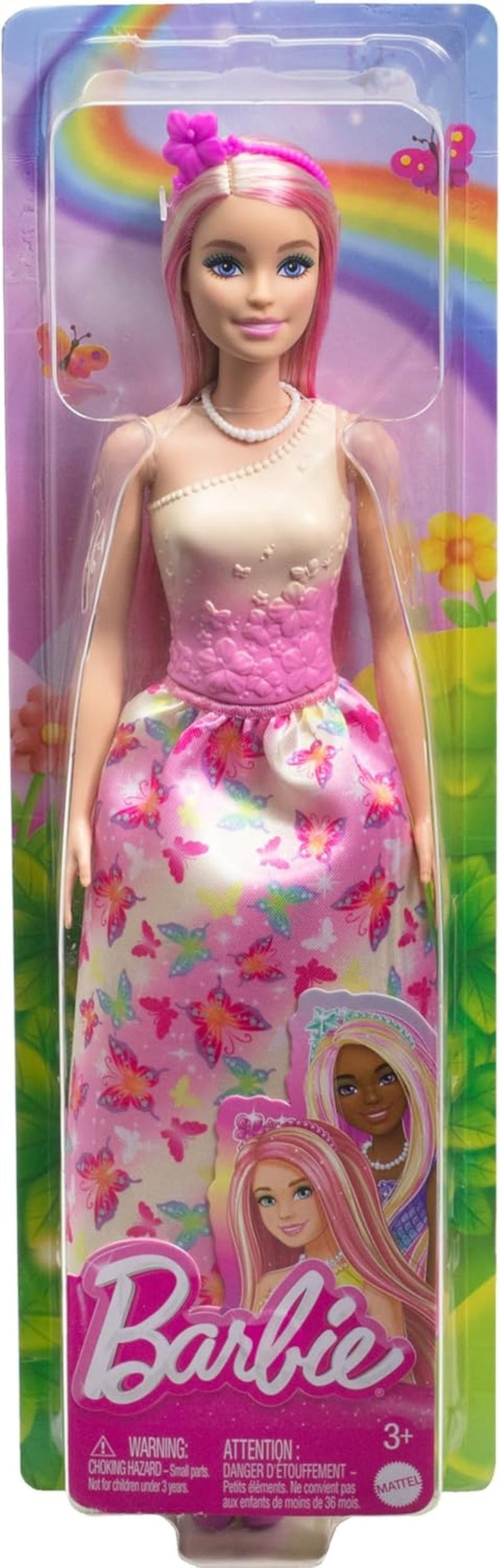 Păpușă Barbie Royal cu păr fantezist blond și roz, accesorii colorate, top roz cu gradient și fustă cu model fluture, HRR08