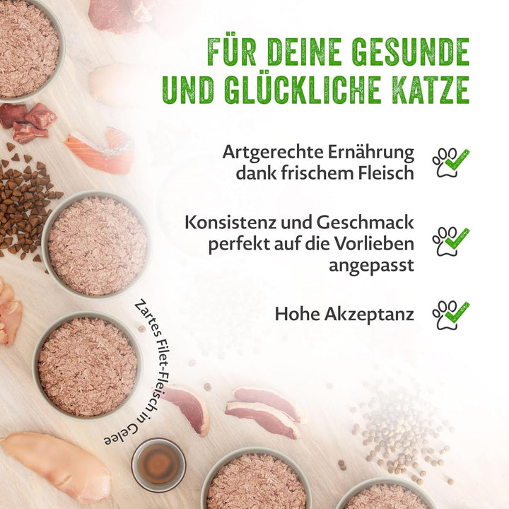 Mera Cats Adult Wet Food Multibox, pentru pisici adulte, fără cereale și sustenabilă, hrană pentru pisici cu conținut ridicat de carne din pui, vită, rață și somon, 12 X 85 G