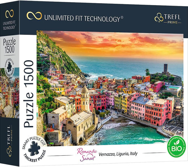 Trefl 26196 1500 elemente, carton cel mai gros, organic, ECO, Italia, apus de soare, divertisment pentru adulți și copii de la 12 ani, Uft-Puzzle Romantic Sunset: Vernazza, Liguria, Italia