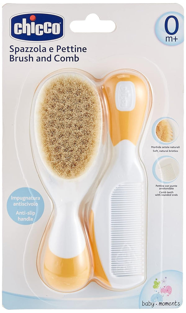 Chicco set perie de păr și pieptene pentru copii, perie pentru copii cu peri naturali moi, pieptene cu vârfuri rotunjite, mâner anti-alunecare, cadou de petrecere pentru copii - consumabile pentru nou-născuți de la 0 luni