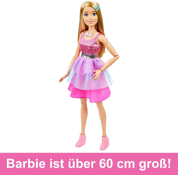 Păpușă Barbie Extra Large (71 cm) - rochie roz, păr blond cu baretă și colier, cadou pentru copii 3+, HJY02