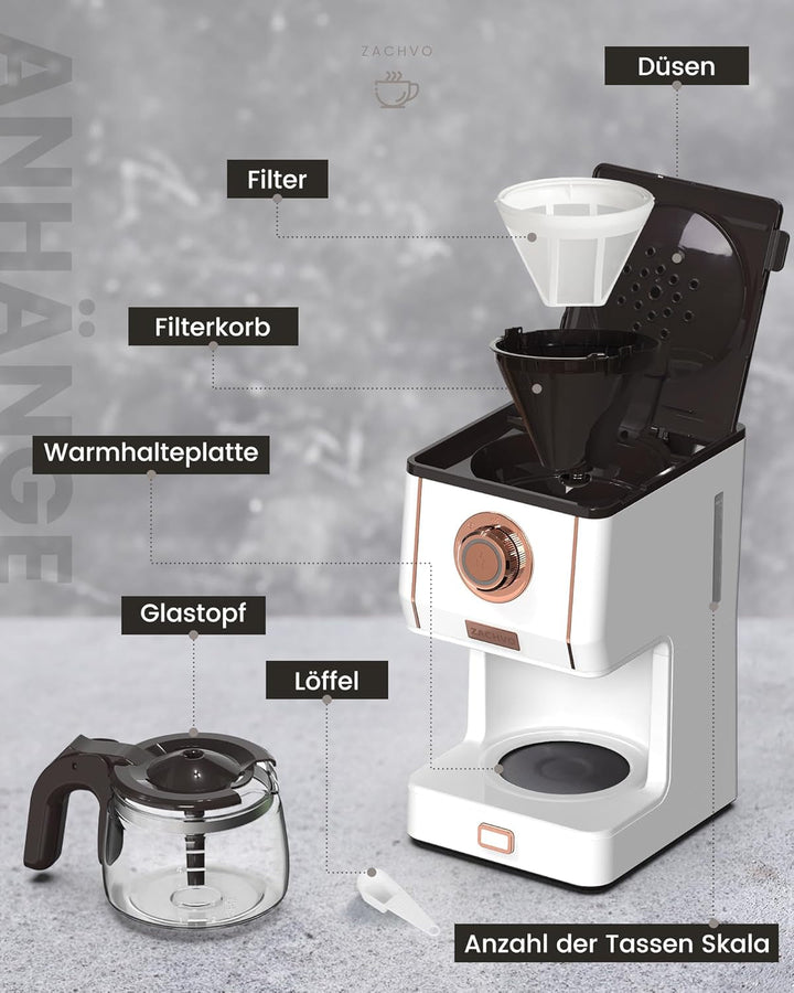 ZACHVO filtru de cafea cu ulcior de sticlă, filtru de cafea, 5 cești, capacitate 650ml, filtru reutilizabil, oprire picurare, oprire automată, funcție de menținere la cald 30min, 3 moduri de preparare