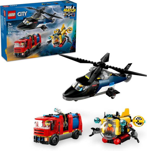 Set combinat LEGO City cu elicopter, mașina leului și submarin și 3 minifigurine - vehicule de jucărie construibile pentru băieți și fete de la 7 ani - cadou de ziua de naștere și de vacanță 60462