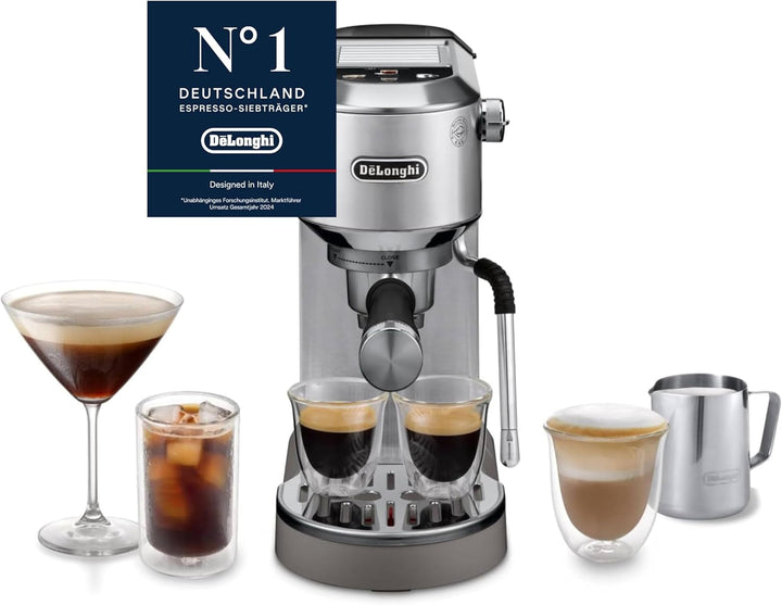 De'Longhi Dedica Style EC 685.B – Espressor portafiltru, espressor cu spumator de lapte profesional, doar 15 cm lățime, pentru cafea măcinată sau capsule ESE, rezervor de apă de 1 L, negru