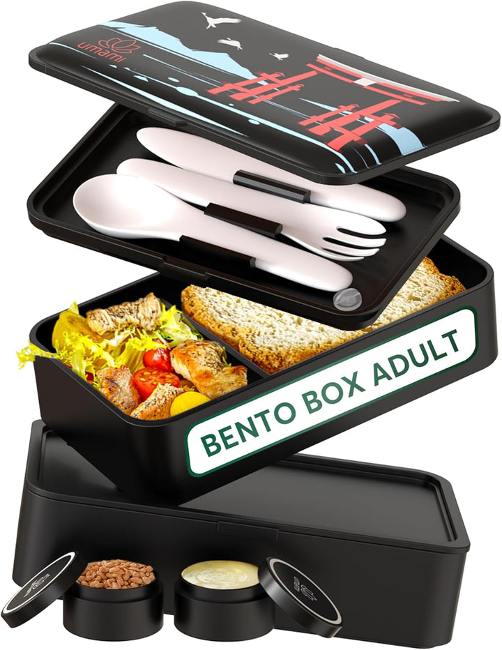 Cutie de prânz Umami pentru adulți, cutie bento stivuibilă etanșă cu 4 tacâmuri și compartimente, cutie de prânz pentru adulți, recipient pentru salată to-go, cutie de prânz pentru picnic / birou, gri cărbune, 1500 ml Cutii depozitare alimente Naty Shop Black Pp - Torii ediție specială L - 1200 Ml