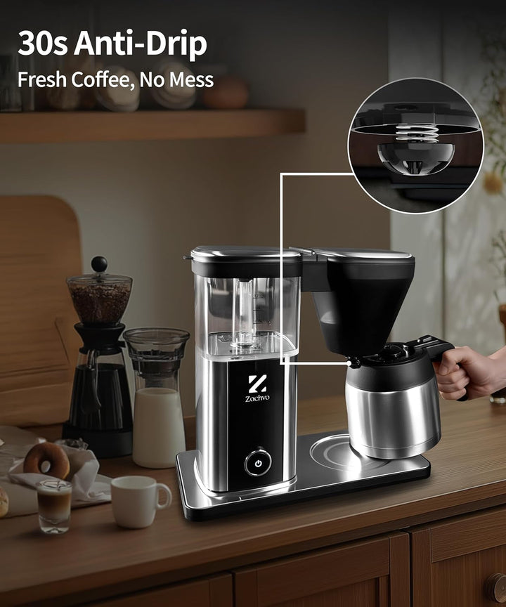 Cafetieră cu filtru Cu termos de 1,25L, preparare rapidă 4,5 min., control al temperaturii 92°C Pid, oprire picurare 30S, filtru reutilizabil, curățare automată, fără Bpa, design din oțel inoxidabil