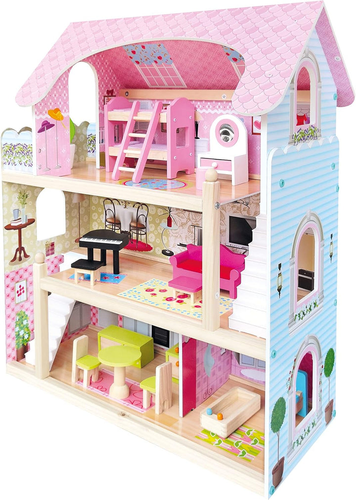 Bino World of Toys Casă de păpuși cu balcon, Jucărie pentru copii mici de la 3 ani, cu 3 etaje, scări, 4 camere și balcon incl. 15-TLG. Accesorii, Pentru a promova abilitățile copiilor, Design roz