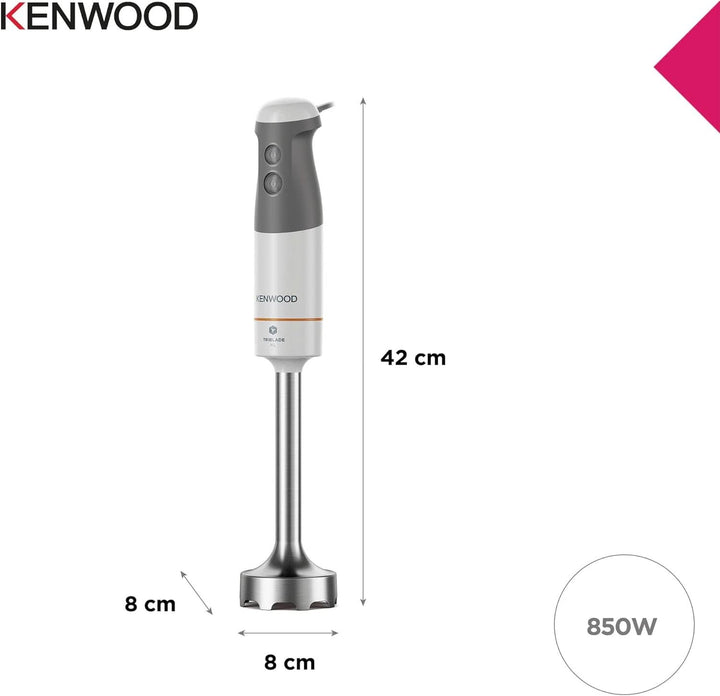 Kenwood Stabmixer HBM40.302WH, Triblade System Mit 3 Klingen, 1 Geschwindigkeit + Turbo, Metallstab 20 Cm, Inklusive Schneebesen, Messbecher, Zerkleinerer 0,5 L, 850 W, Weiß