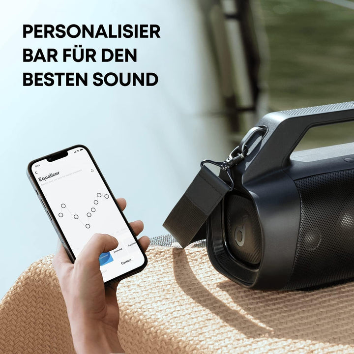 Soundcore Anker Motion Boom plus Difuzor de exterior IP67, sunet stereo 80W, EQ individual și bassup, USB-C, Bluetooth, power bank integrat, rezistent la apă, pentru camping, piscină, plajă, grădină
