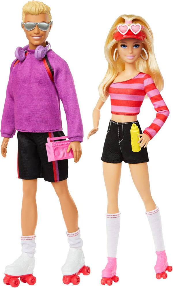 Set Barbie Fashionistas cu 2 păpuși de modă și 6 accesorii, păpuși de modă Barbie și Ken pe role, 65th Anniversary Collectible Figures, HXK90