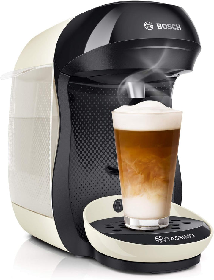 Espressor cu capsule Bosch Tassimo Happy Friendly TAS102EA, Peste 70 de băuturi, Potrivit pentru toate tipurile de cești, Oprire automată, Sustenabil, Include tablete de detartrare, Economie de spațiu, 1400 W, Negru