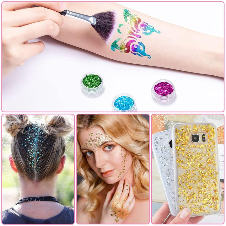 24 Farben Glitzer Set Mit Blattgold Und Glitzerpulver, Nageldesign Zubehör Pailletten Basteln Nail Art Glitter Mit Pinsel Für Nägel Gesicht Körper DIY Nagelkunst Make Up