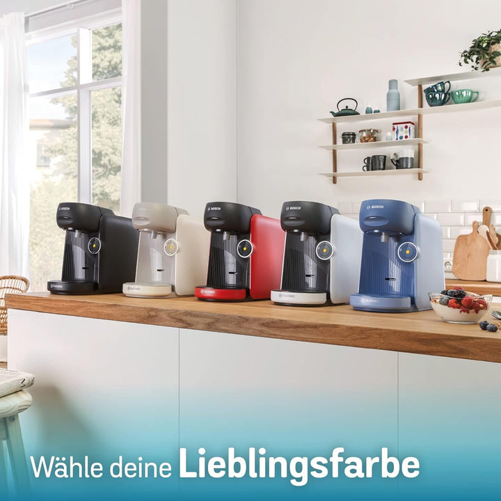 Mașină de cafea cu capsule Bosch Tassimo Finesse TAS16B4 Mașină de cafea By, 70 de băuturi, cafea mai intensă la apăsarea unui buton, oprire automată, dozare perfectă, economie de spațiu, 1400 W, 0,7L, alb / gri închis