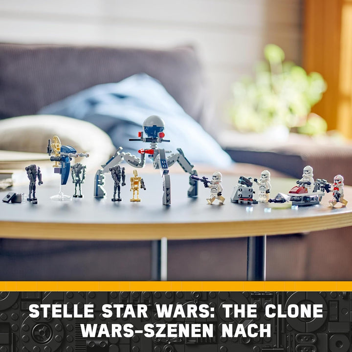 LEGO Star Wars 75372 Clone Trooper & Battle Droid Battle Pack, Incl. 4 minifigurine, 5 droizi și motocicletă speeder cu shooter - Jucărie de construcție pentru băieți și fete cu vârsta de peste 7 ani