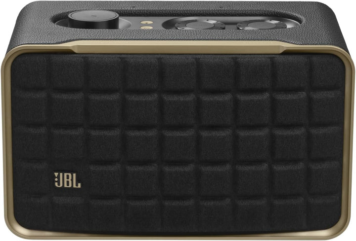 JBL Authentics 200 Smart Home Speaker - Difuzor Bluetooth cu design retro din anii '70 - Cu grilă Quadrex, Google Assistant, Alexa, Airplay și JBL One App - Negru