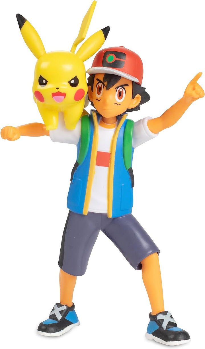Pokémon Battle Ready! Set de figurine 6 piese - 11.4 Cm Ash & Launching Pikachu, 5.1 Cm Charmander, Rowlet, Piplup, Zorua - Licențiat oficial - Cadou de Paște pentru copii, băieți, fete
