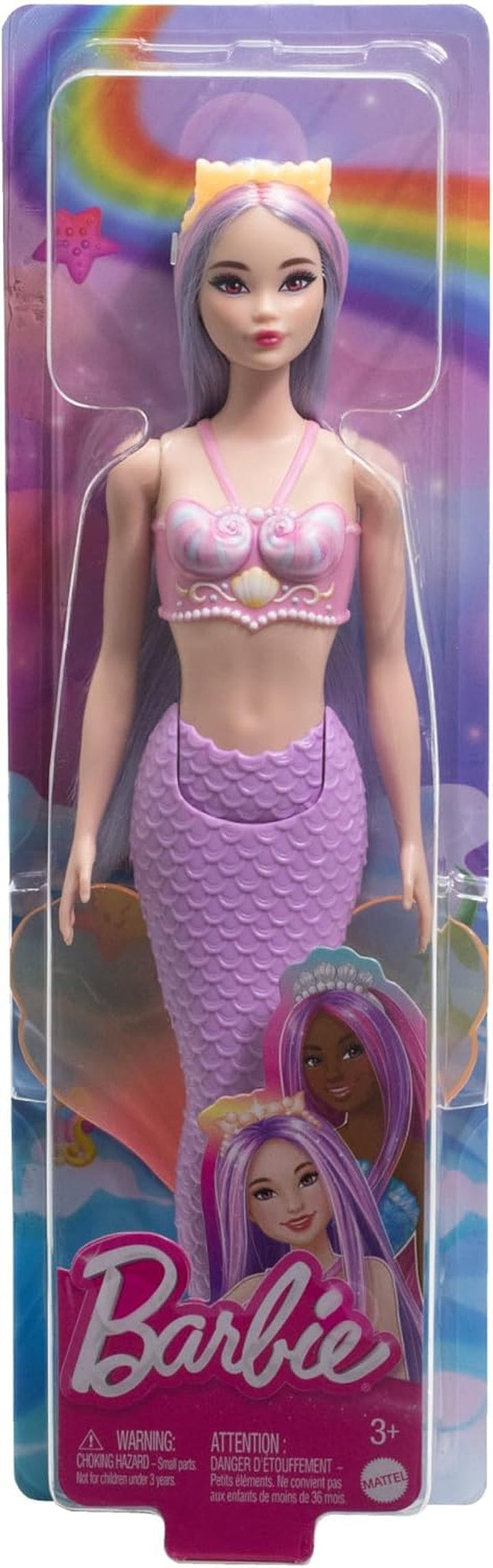 Păpușă sirenă Barbie cu păr fantezie în roz și lila cu bentiță, păpușă cu partea de sus din scoică și aripioară din coadă albastru lavanda, HRR06