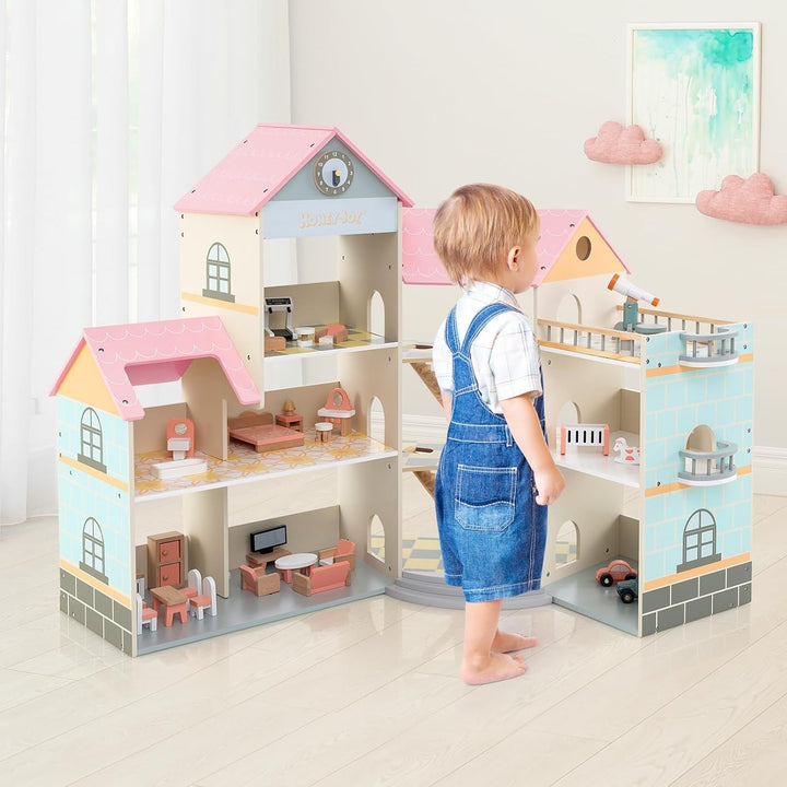 Casă de păpuși din lemn FANTASK, casă de păpuși 94 cm înălțime cu 41 de piese de mobilier și accesorii, vilă de păpuși cu 6 camere, terasă și garaj, cadou pentru fete de la 3 ani