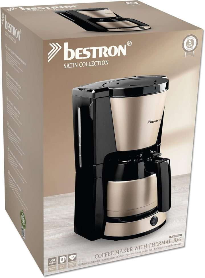 Cafetieră cu filtru Bestron pentru 8 cești de cafea, cafetieră cu cană termo de 1 litru, incl. filtru permanent și oprire automată, 900 W, culoare: bej deschis