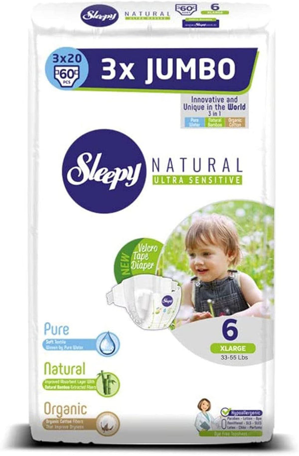 Sleepy 3X Jumbo Natural Baby Scutece, fabricate din bumbac organic și extract de bambus