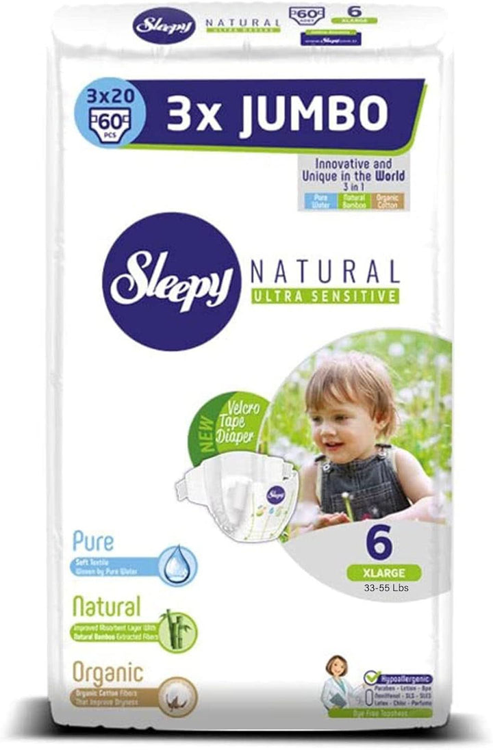 Sleepy 3X Jumbo Natural Baby Scutece, fabricate din bumbac organic și extract de bambus