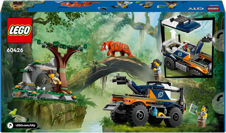 Camion LEGO City Jungle Explorer, set de construit și jucat pentru copii de peste 6 ani, cadou grozav pentru ziua de naștere, camion de jucărie, cu 3 minifigurine Adventurer și tigru 60426