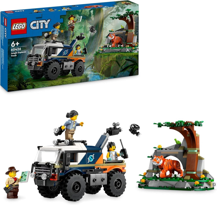 Camion LEGO City Jungle Explorer, set de construit și jucat pentru copii de peste 6 ani, cadou grozav pentru ziua de naștere, camion de jucărie, cu 3 minifigurine Adventurer și tigru 60426