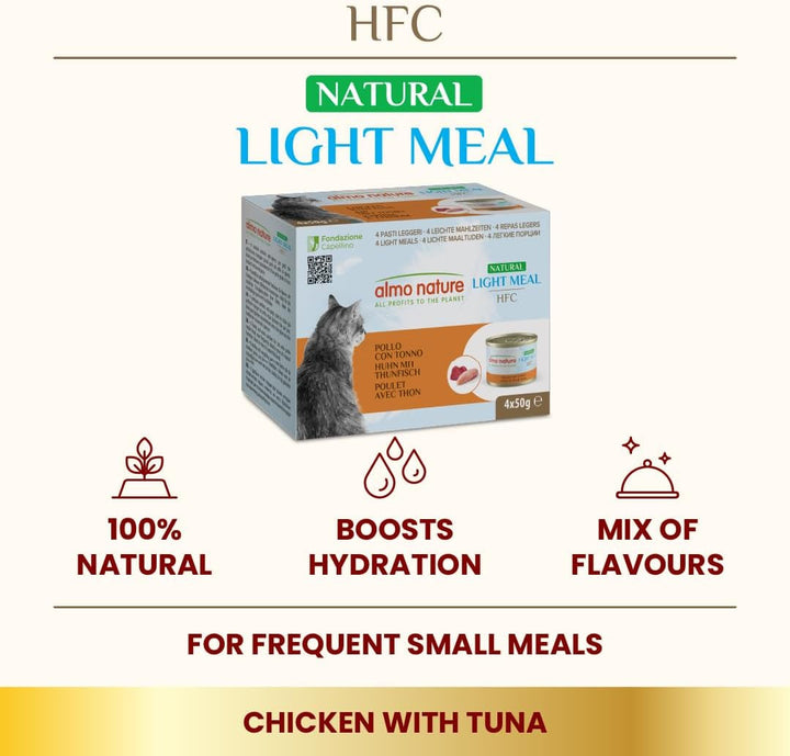 Almo Nature HFC Natural Light Meal - hrană umedă pentru pisici - pui cu ton - grad uman, fără gluten - 50 G (pachet de 4)