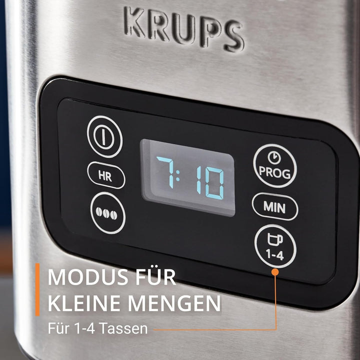Cafetieră cu filtru programabil Krups KM480D Excellence din oțel inoxidabil, cronometru de 24 de ore, cap de apă pentru selectarea puterii de preparare, mod de preinfuzie, sistem anti-picurare, capacitate 1,25 litri, 15 cești