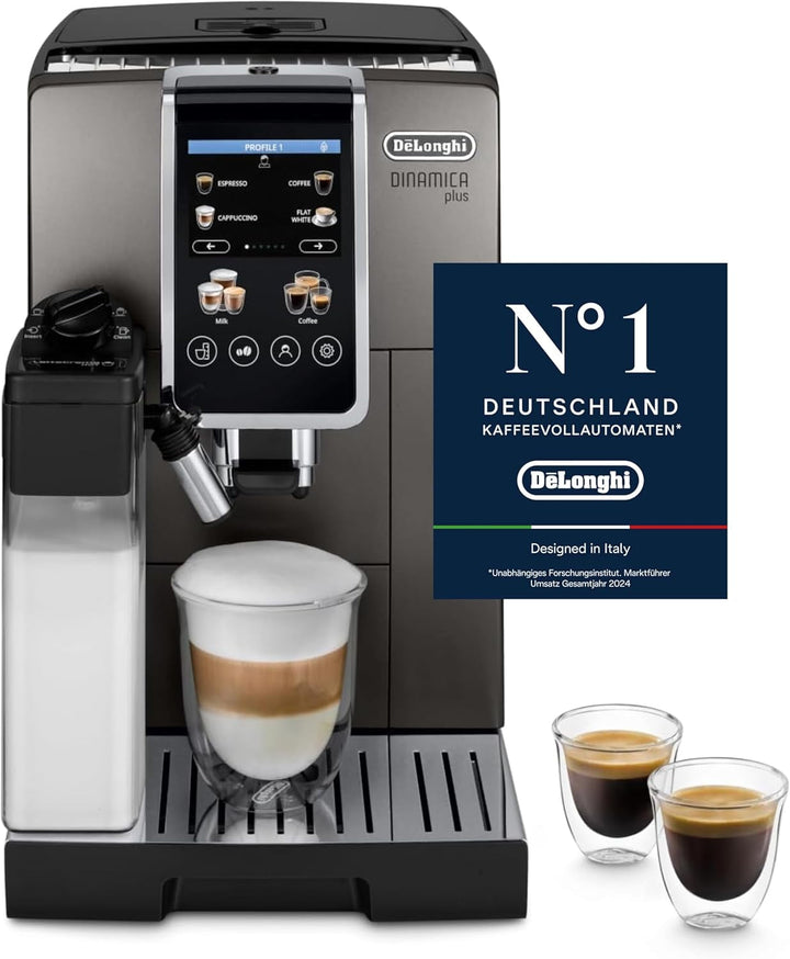 De'Longhi Dinamica plus ECAM 372.95.TB aparat de cafea complet automat cu sistem de lapte Lattecrema, cappuccino și espresso la apăsarea unui buton, ecran tactil color, control prin aplicație, funcție cafetieră, titan/negru