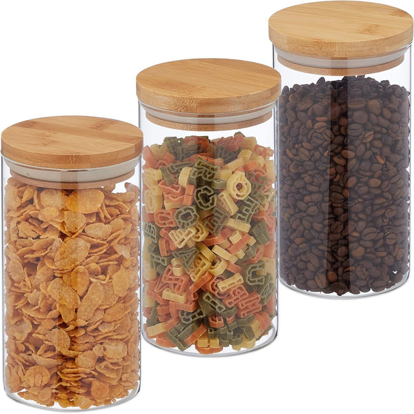 Borcane de depozitare Relaxdays cu capace din bambus, set de 3, borcane rotunde din sticlă, 1000 ml, etanșe, transparente/naturale, 18 x 10 cm Cutii depozitare alimente Naty Shop Transparent/natura 1000 Ml