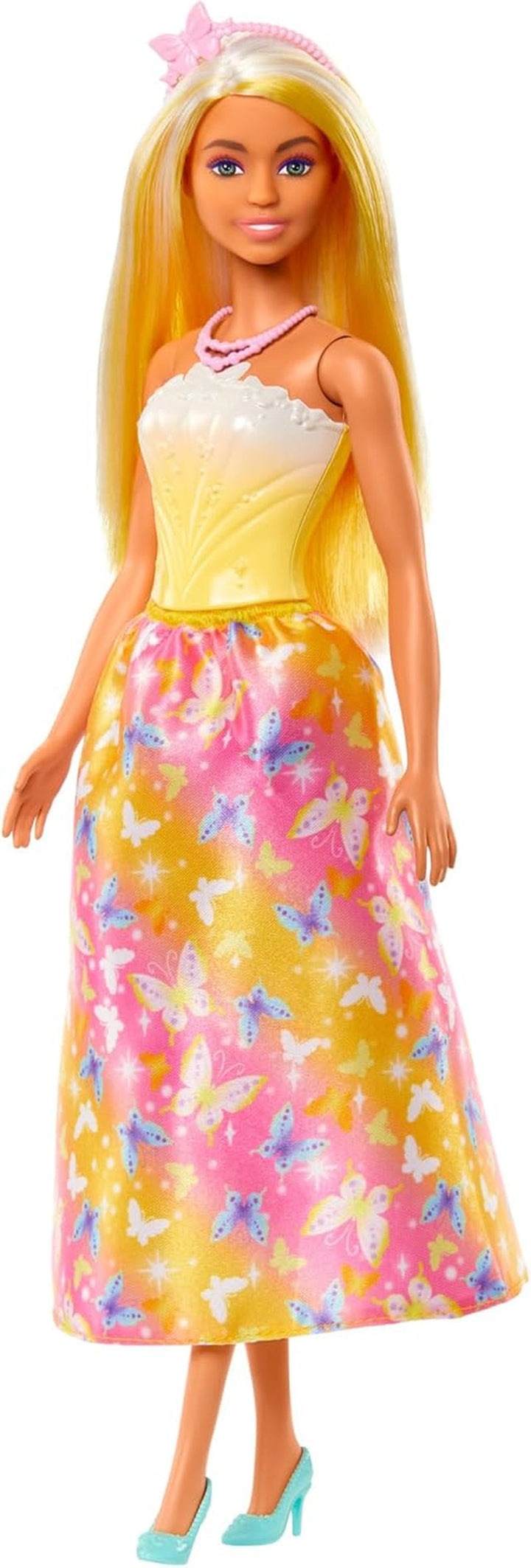 Păpușă Barbie Royal cu păr fantezist cu șuvițe colorate, accesorii colorate, top galben cu gradient și fustă cu model fluture, HRR09