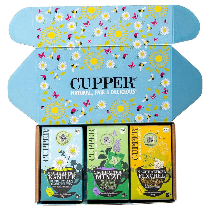 Set de ceaiuri bio Cupper „Fruity”, set cadou de ceaiuri, ceaiuri din fructe, trei sortimente diferite, 60 pliculețe de ceai nealbite, fără plastic, pachet de 3