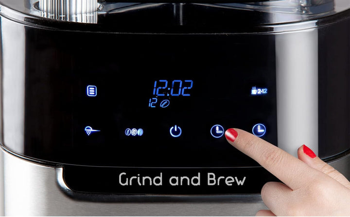 DOMO DO721K Cafetieră "Grind and Brew" cu râșniță și cronometru - 1,5 L, negru, oțel inoxidabil