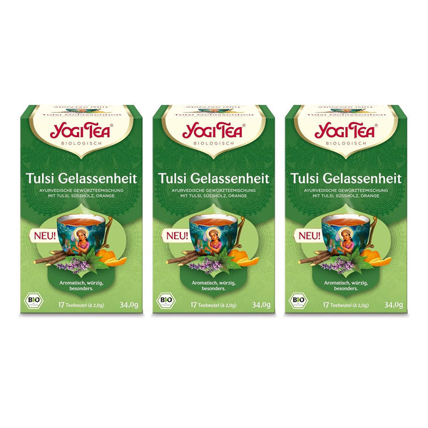 Yogi Tea - Tulsi Serenity, ceai ayurvedic din plante bio, fără cofeină din natură, amestec de tulsi - busuioc „sfânt”, lemn dulce și portocală, Yogi Tea pachet de 3, 3X17 pliculețe (51 pliculețe de ceai)