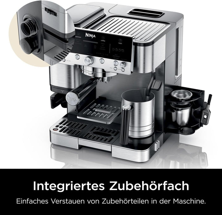 Cafetieră Ninja Luxe Premier 3 în 1 cu râșniță și spumator pentru latte, cappuccino, Cold Brew și espresso, ușor de utilizat, 4 presetări de spumare, argintiu, ES601EU