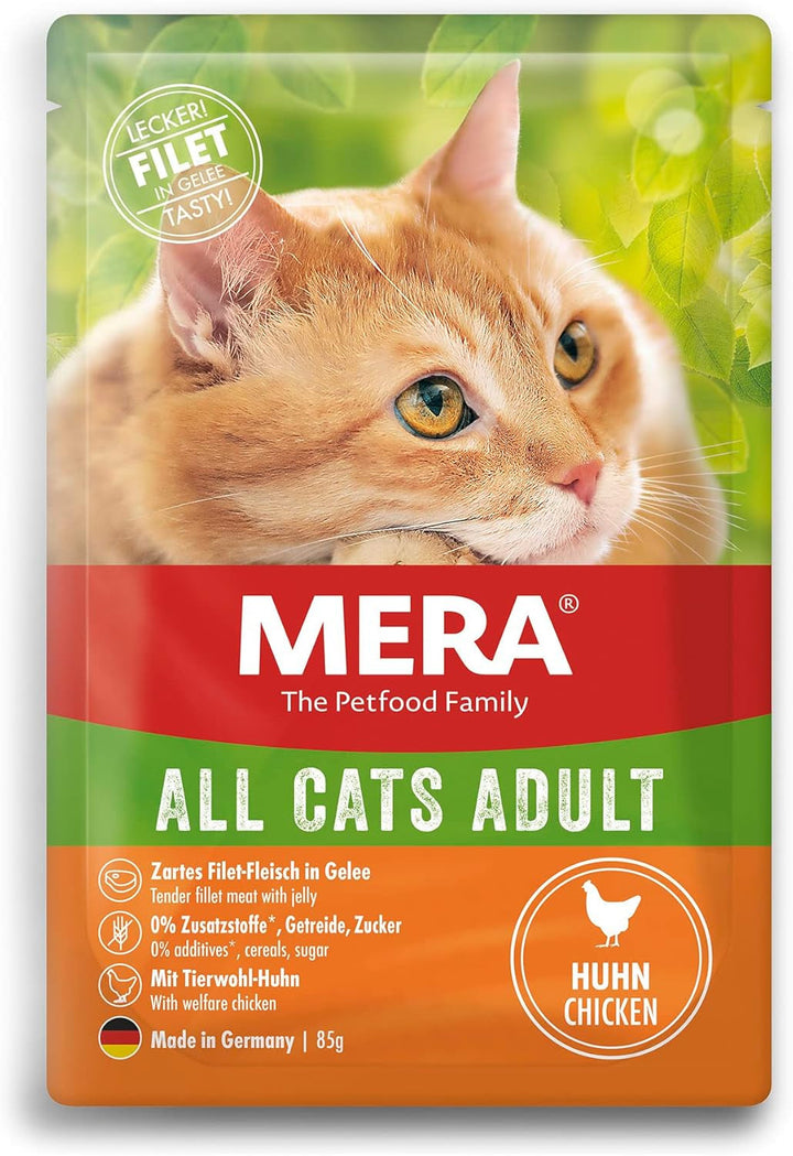 Mera Cats Adult Wet Food Multibox, pentru pisici adulte, fără cereale și sustenabilă, hrană pentru pisici cu conținut ridicat de carne din pui, vită, rață și somon, 12 X 85 G