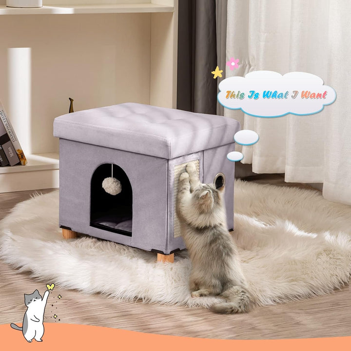 BRIAN & DANY Peșteră pliabilă pentru pisici mari, Casă pentru pisici cu zgârietură și minge de joacă, Taburet tip piept cu picioare din lemn 37 x 31,8 x 36 cm, Gri