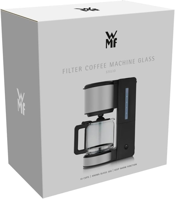WMF Stelio Aroma filtru de cafea cu ulcior de sticlă, filtru de cafea, 10 cești, filtru de cafea din oțel inoxidabil, opritor de picurare, placă de încălzire, oprire automată, 1000 W, gri mat