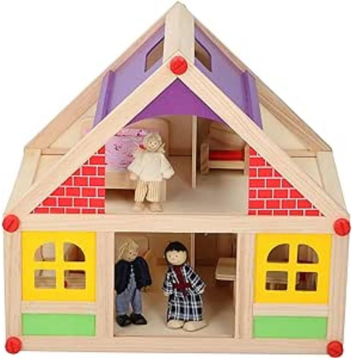 Marionette Wooden Toys - Casă de păpuși din lemn cu mobilier și păpuși - 11 bucăți